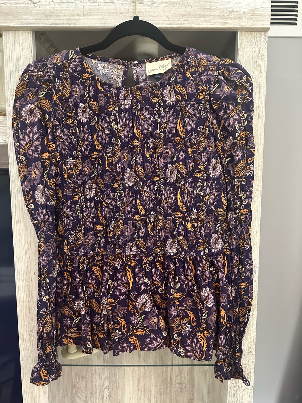 Universal Thread Purple Floral Smocked Peplum Blouse with Gold Accents
